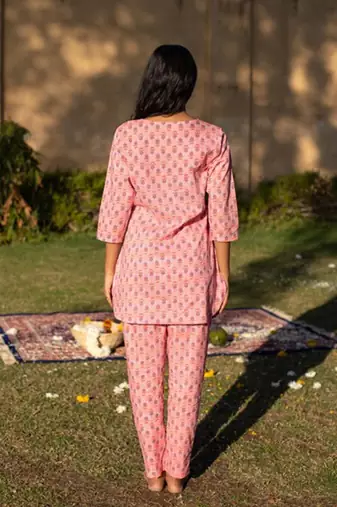 Pink floral block print lounge wear set night suit dress pyjama co ord set for summer night pj