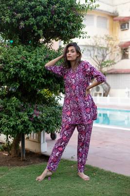 Purple floral print lounge wear set night suit dress pyjama co ord set 1
