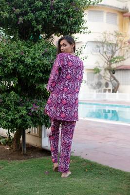 Purple floral print lounge wear set night suit dress pyjama co ord set 3