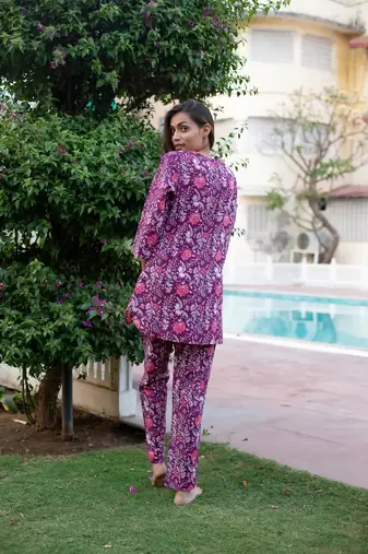 Purple floral print lounge wear set night suit dress pyjama co ord set