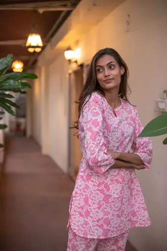 Pink embroidered cotton co-ord set