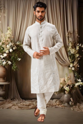 Off white linen embroidery thread work kurta pajama set 1