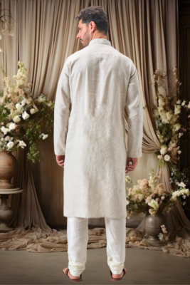 Off white linen embroidery thread work kurta pajama set 2