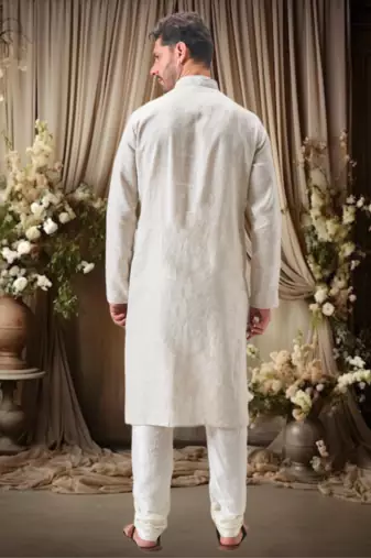 Off white linen embroidery thread work kurta pajama set