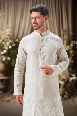 Off white linen embroidery thread work kurta pajama set 3