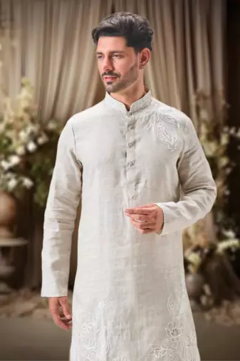 Off white linen embroidery thread work kurta pajama set