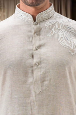 Off white linen embroidery thread work kurta pajama set 4