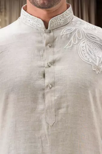 Off white linen embroidery thread work kurta pajama set