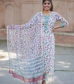 Pure cotton hand block printed straight kurta with cotton printed pants with mulmul cotton printed dupatta set