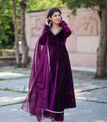 Wine velvet anarakali kurta with pants with organza dupatta set