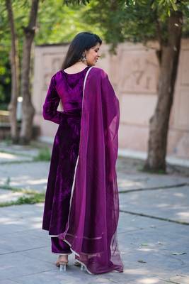 Wine velvet anarakali kurta with pants with organza dupatta set 3