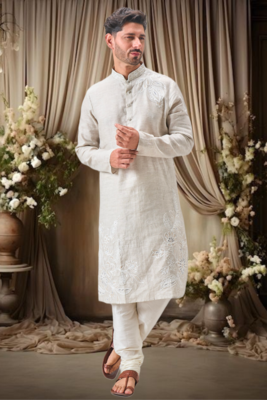 Off white linen embroidery thread work kurta pajama set 5