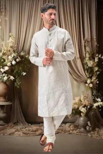 Off white linen embroidery thread work kurta pajama set