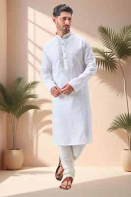 Off white linen embroidery kurta pajama set 1