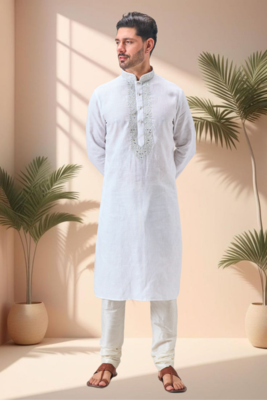 Off white linen embroidery kurta pajama set 2