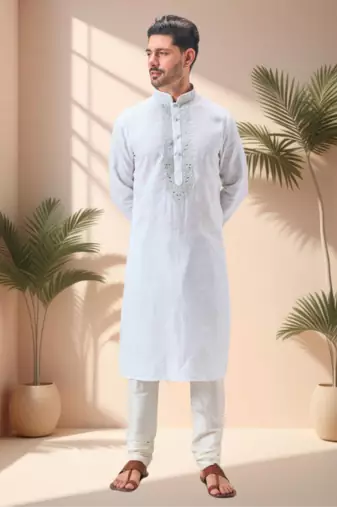 Off white linen embroidery kurta pajama set