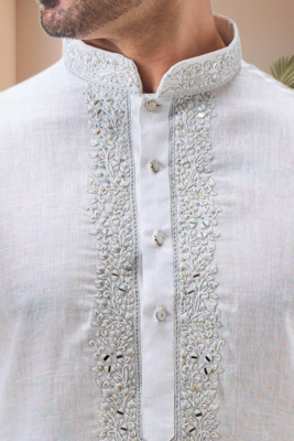 Off white linen embroidery kurta pajama set 3