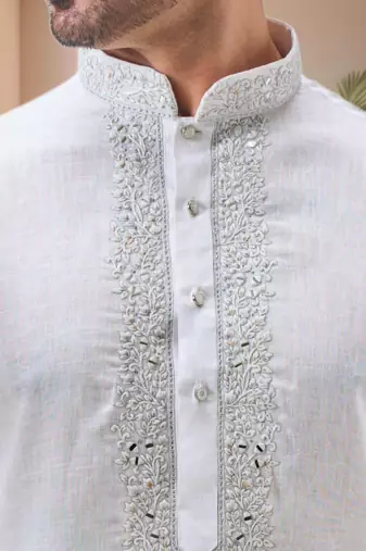 Off white linen embroidery kurta pajama set