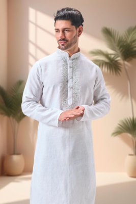 Off white linen embroidery kurta pajama set 4