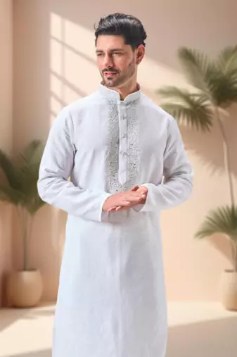 Off white linen embroidery kurta pajama set