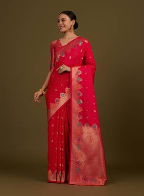 Dark pink banarasi silk blend saree with zari woven Work 1