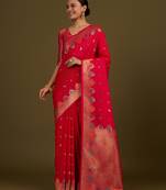 Dark pink banarasi silk blend saree with zari woven detailing & unstitched blouse piece