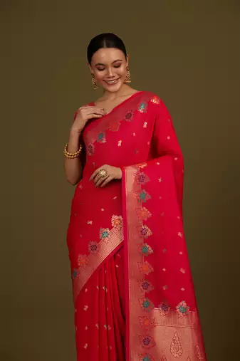 Dark pink banarasi silk blend saree with zari woven Work