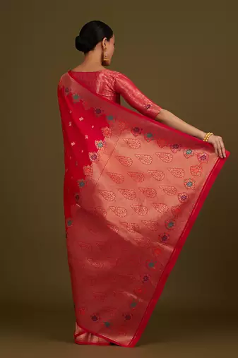 Dark pink banarasi silk blend saree with zari woven Work
