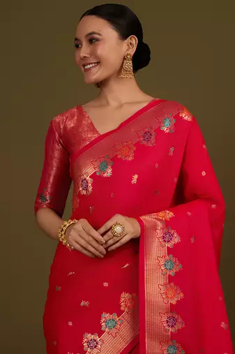 Dark pink banarasi silk blend saree with zari woven Work