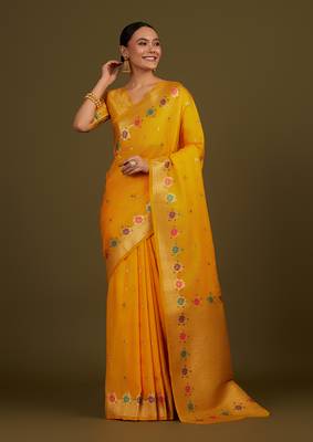 Yellow banarasi silk blend saree with zari woven work 1