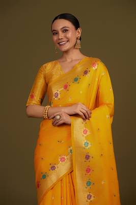 Yellow banarasi silk blend saree with zari woven work 2