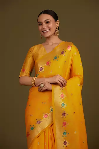 Yellow banarasi silk blend saree with zari woven work