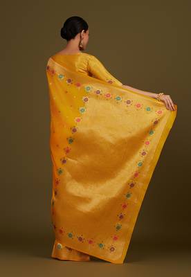 Yellow banarasi silk blend saree with zari woven work 4