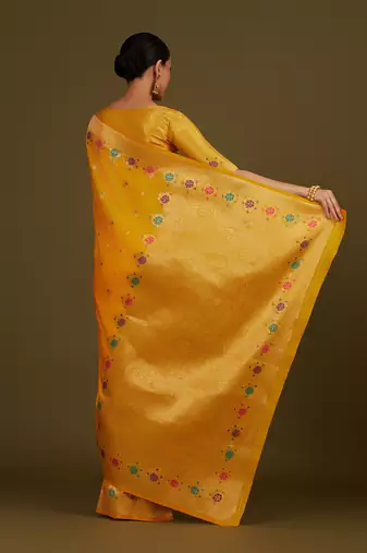 Yellow banarasi silk blend saree with zari woven work