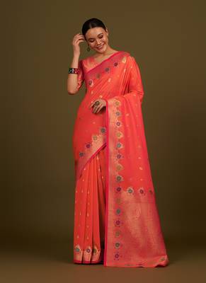 Dark peach banarasi silk blend saree with zari woven work 1