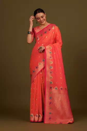 Dark peach banarasi silk blend saree with zari woven detailing & unstitched blouse piece