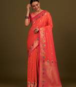 Dark peach banarasi silk blend saree with zari woven detailing & unstitched blouse piece