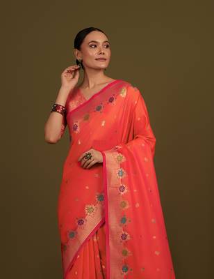 Dark peach banarasi silk blend saree with zari woven work 2