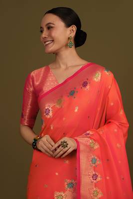 Dark peach banarasi silk blend saree with zari woven work 3