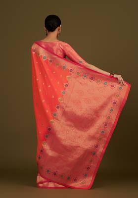 Dark peach banarasi silk blend saree with zari woven work 4