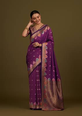 Dark violet banarasi silk blend saree with zari woven work 1