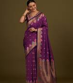 Dark violet banarasi silk blend saree with zari woven detailing & unstitched blouse piece
