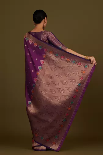 Dark violet banarasi silk blend saree with zari woven work