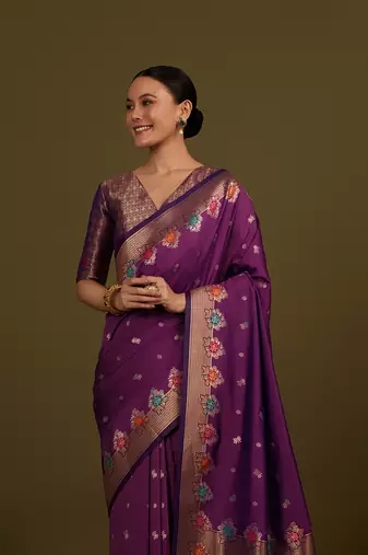Dark violet banarasi silk blend saree with zari woven work