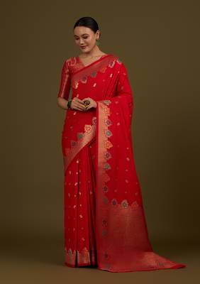Red banarasi silk blend saree with zari woven work 1