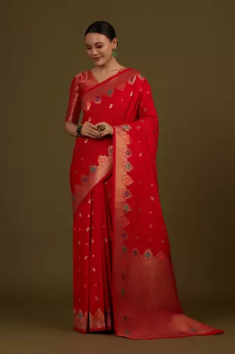 Red banarasi silk blend saree with zari woven detailing & unstitched blouse piece