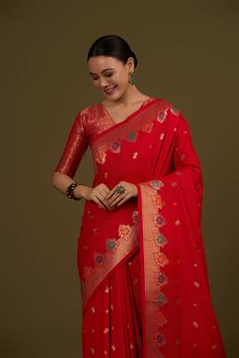 Red banarasi silk blend saree with zari woven work 2