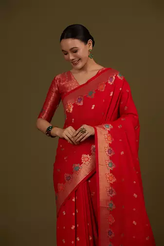 Red banarasi silk blend saree with zari woven work