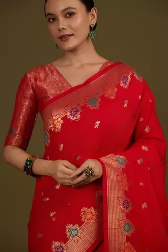 Red banarasi silk blend saree with zari woven work
