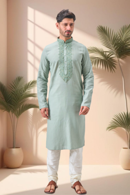 Green linen embroidery kurta pajama set 2